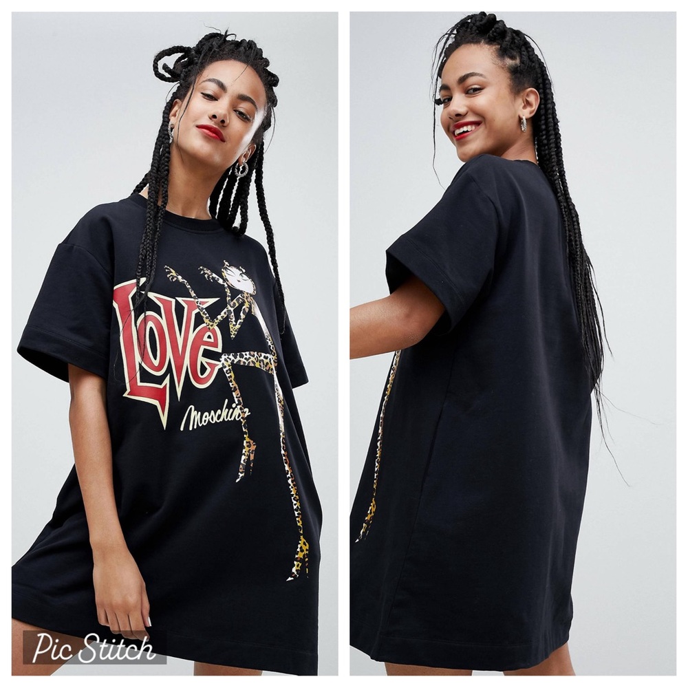 Love Moschino Catz Print Logo Black Short Sleeve Sweat Dress‎ Women’s Sz Small
